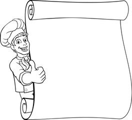 Wall Mural - A chef cook cartoon man character peeking around a background scroll sign and giving a thumbs up