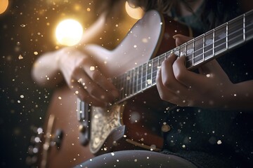 person playing guitar bokeh background