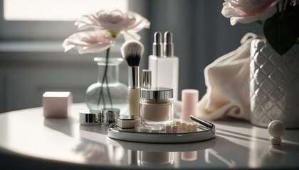 Wall Mural - Beautiful luxurious bathroom table with cosmetic products, mirror and vase with bouquet of fresh flowers. Hygienic and skincare indoor background concept. AI generative image.