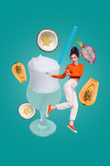 Canvas Print - Funny young girl dance weekend bar visitor enjoy drink summer cocktails milkshake tasty liquid exotic fruits isolated on green background