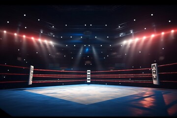 Boxing fight ring close-up. Interior view of sport arena with fans and shining spotlights. Digital sport 3D illustration.Generative AI.