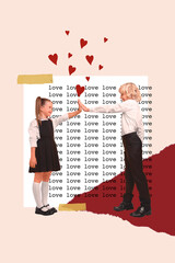 Canvas Print - Composite collage of young little couple friends preteen wear school uniform together first love high five isolated on beige background