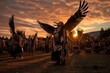 Native American Dancers performing a ceremonial eagle dance, arms outstretched and heads tilted back to portray the majestic bird taking flight on auburn sunset sky. Generative AI