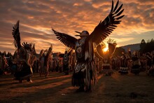 Native American Dancers Performing A Ceremonial Eagle Dance, Arms Outstretched And Heads Tilted Back To Portray The Majestic Bird Taking Flight On Auburn Sunset Sky. Generative AI