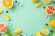 canvas print picture - Citrus paradise concept. Top view of juicy oranges, lemons, limes and grapefruits on turquoise background with empty space for promotional text