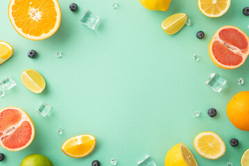Wall Mural - Citrus paradise concept. Top view of juicy oranges, lemons, limes and grapefruits on turquoise background with empty space for promotional text