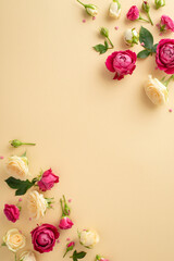 Wall Mural - Mother's Day affection concept. Top vertical view of lovely roses on pastel beige background with copy space
