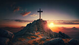 Fototapeta Tęcza - religious symbol of Christian faith cross crucifixion on top of a mountain at sunset. Generative AI illustration