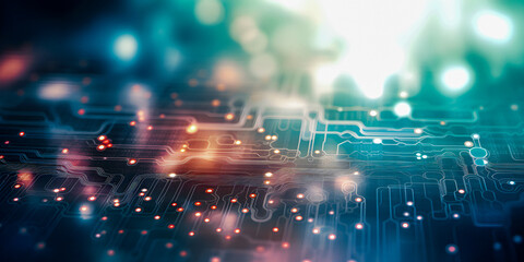 Wall Mural - abstract futuristic wire diagram, motherboard with glowing lines, soft focus computer chips, copy sp