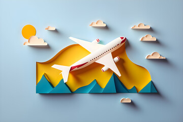 Paper cut art, illustration of plane on the sky with clouds with pastel colors. Travel concept. Generative ai.