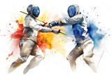 Fototapeta  - Watercolor design of an olympic fencing fight - Generative AI