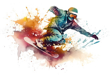 Wall Mural - Watercolor design of a female snowboarder - Generative AI