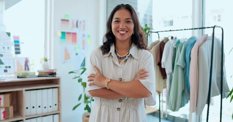 Poster - Face, fashion and woman designer arms crossed in boutique for small business, startup or vision. Creative, design and portrait of happy lady proud of idea for clothes, luxury or tailor opportunity