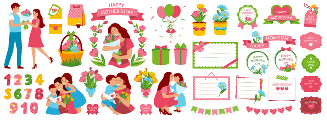 mother's day. beautiful woman holds a baby in her arms, mom hugs her children. set of flat vector ic