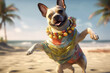 Dancing dog  in a dress on the summer beach party, Hawaii hula animal in nature with sea, sun, AI Generative