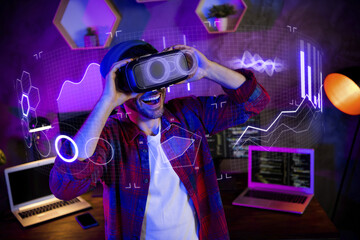 3d metaphor holographic collage of geek programmer working on internet safety using futurism goggles at night office