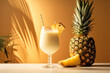 Generative AI illustration of creamy white cocktail in glass cup with straw and appetizing fresh pineapple placed on table against golden background with reflective sunlight