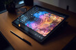 © ADDICTIVE STOCK - Generative AI illustration of modern digital tablet with colorful graphic display and stylus pen placed on wooden table