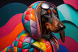 © ADDICTIVE STOCK - Generative AI illustration side view of black dog with colorful pilot costume and glasses on multicolored background