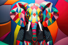 Generative AI Illustration Full Body Of Elephant With Colorful Creative Costume Standing Against Bright Background
