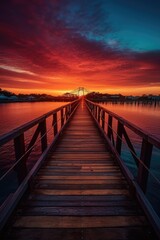  Wooden plank walkway leading to a beautiful sunset on the lake. Generative Ai.