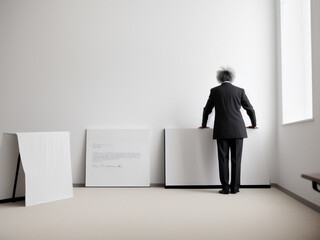 Back view of businessman looking at chalkboard with mathematical formulas on it - AI Generated
