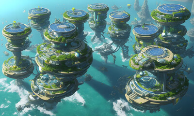 Wall Mural - a high tech solarpunk utopia city / metropolis at the ocean, futuristic buildings and domes, digital