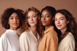 © ADDICTIVE STOCK - Generative AI illustration of multiracial young girlfriends in stylish outfits looking at camera while standing against brown background