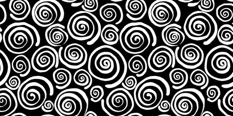 Wall Mural - Seamless pinwheel squiggly spiral pattern of wonky hand drawn white painted curly stripes on black background. Simple abstract blender motif texture in a trendy bold whimsical doodle line art style.