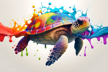 Graffiti with a turtle on the wall with a splash, color art