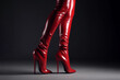 Beautiful female legs in a red leather high heeled stiletto boots. Generative AI