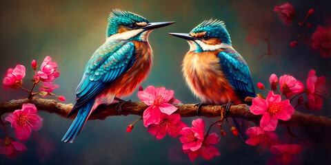 two colorful birds sitting on the branch with pink flowers,