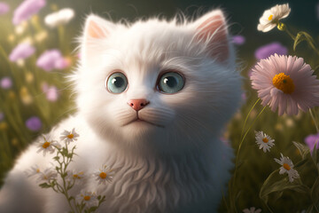  Adorable white kitten in flower garden. Generative AI