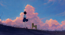 Anime Girl Stand On The Mountain With Her Dog Beautiful Clouds Background, Blue Sky And Sea, Blue Sky With Clouds, Blue Sky And Clouds, Wallpaper, Generative AI