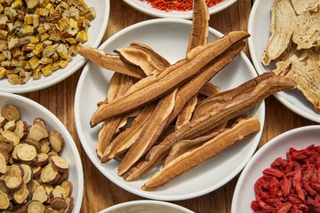 Top view of Chinese herbal soup ingredients