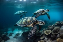 Group Of Turtles Swimming Close To A Beautiful Coral, Marine Life Background, Generative AI