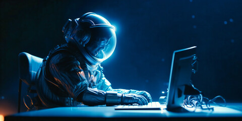 astronaut sits at desk using laptop in blue background