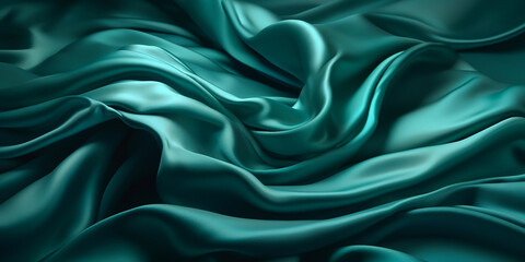 Blue green silk satin fabric wave or silk wavy folds generated by AI. 