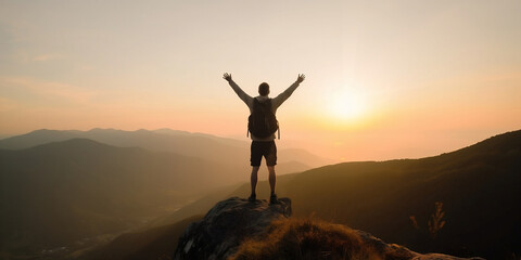 Silhouette of man hold up hands on the peak of mountain,success concept generate by AI