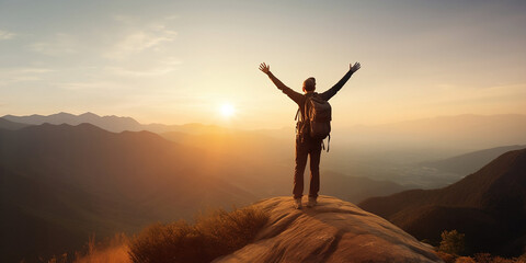 Silhouette of man hold up hands on the peak of mountain,success concept generate by AI