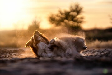 Sticker - Border Collie dog playing in a field with a golden sunset on the blurred background