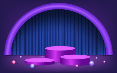 Wall Mural - Abstract room with purple pedestal podium, arch curtain and balls