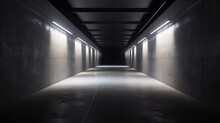 Dark Concrete Led White Lights Underground Tunnel Corridor Cement Asphalt Hallway Warehouse Tunnel Corridor Metal Structure Realistic Empty