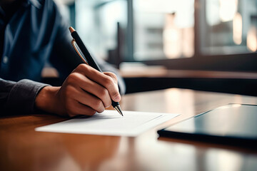 a close-up shot of a person's hand signing a document with a pen on a desk, with a blurred office ba