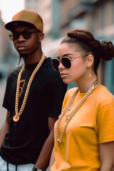 young multi-ethnic couple with rapper style look. generated with AI