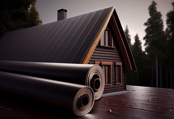 Vinyl coated pvc insulation material with wood look, covered around the roof and chimney of the building. Generative AI