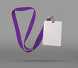 Plastic badge. ID card with purple ribbon. Template designed for employees and guests of company. Can be used for show, events, concerts and performances. Or for speakers and organizers.