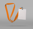 Plastic badge. ID card with orange ribbon. Template designed for employees and guests of company. Can be used for show, events, concerts and performances. Or for speakers and organizers.