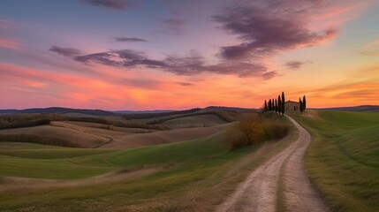 image of path in the mountains with beautiful sunset. Generative AI