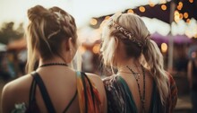 Young Women Friends On Festival Music Party View From Behind